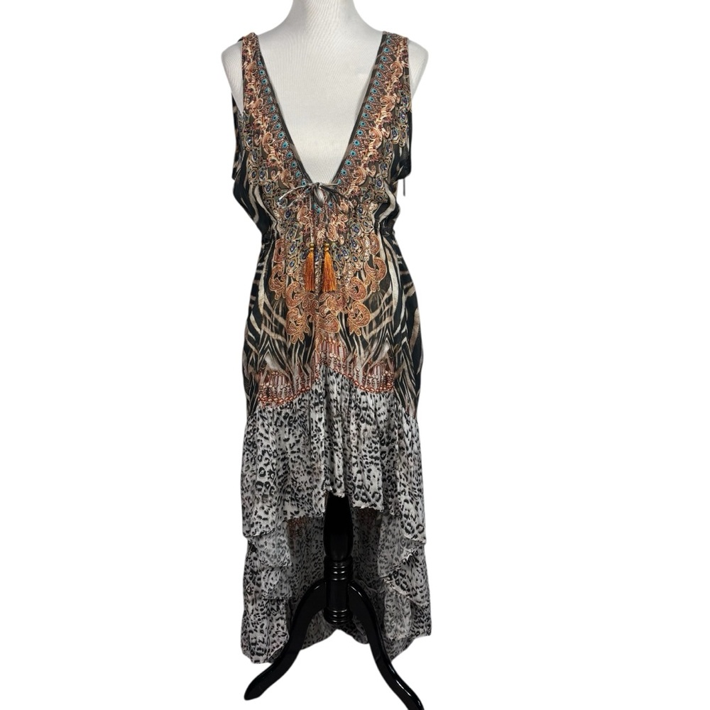 True Colors by La Moda Maxi Dress Beaded Tassels Jungle Multicolor Sz L/XL NWT